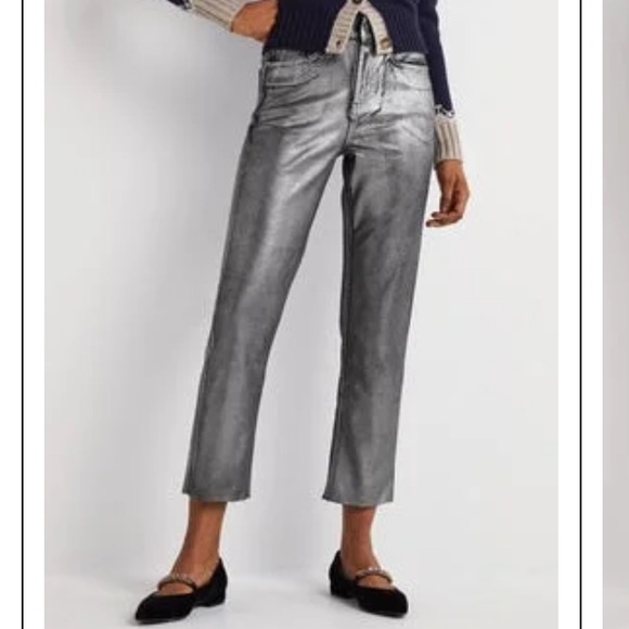 Boden Pants - Boden Straight Leg Silver Metallic Cropped Trousers Raw Hem